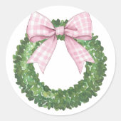 Preppy Krans met Pink Gingham Bow Ronde Sticker (Voorkant)