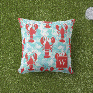 Preppy Kreeft Griekse Sleutel Rood & Turquoise Mon Buitenkussen