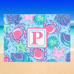 Preppy Kust Monogram Schelpen Roze Krab Blauw Briefkaart