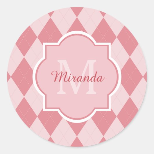 Preppy Licht Roze Argyle Meisje Monogram Party Naa Ronde Sticker (Voorkant)