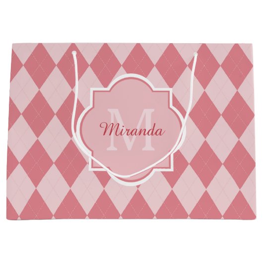 Preppy Light Pink Argyle Girly Monogram en naam Groot Cadeauzakje (Voorkant)