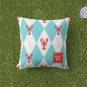 Preppy Lobster Argyle Rood & Turquoise Monogram Buitenkussen