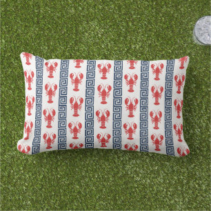 Preppy Lobster Griekse Sleutel - Rood & Marineblau Buitenkussen