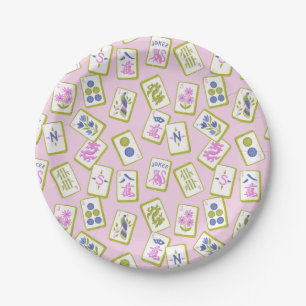 Preppy Mahjong Tegels op Pastelroze Papieren Bordje