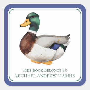 Preppy Mallard Duck Gepersonaliseerde Boekenplaat Vierkante Sticker