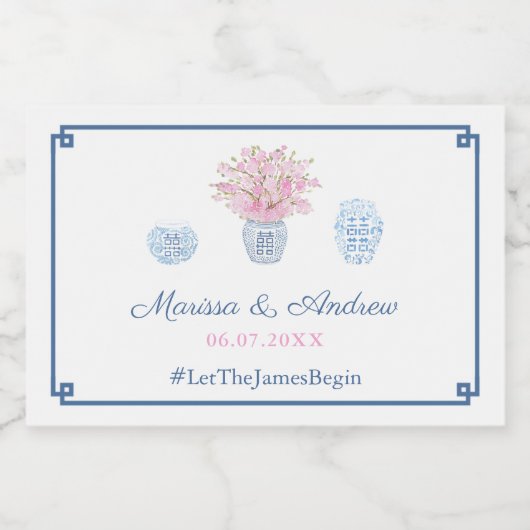 Preppy marineblauw & roze bruiloft welkom of gunst sparkling wijnetiket (Enkel label)