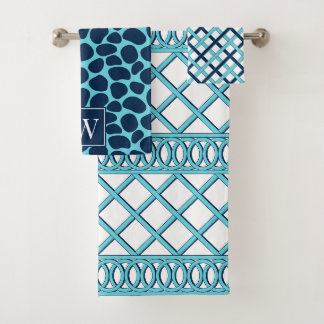 Preppy Maximalistische Lattice - Aqua & Navy Monog Bad Handdoek