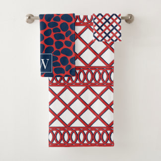 Preppy Maximalistische Lattice Rood & Marineblauw Bad Handdoek