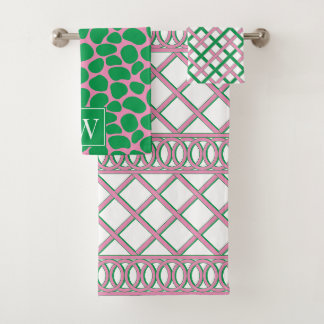Preppy Maximalistische Lattice Roze & Groen Monogr Bad Handdoek