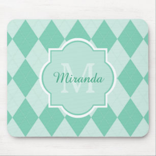 Preppy Mint Green Argyle Girly Monogram en naam Muismat