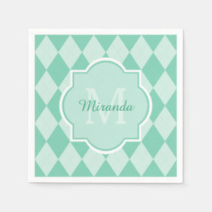 Preppy Mint Green Argyle Girly Monogram en naam Servetten