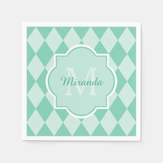 Preppy Mint Green Argyle Girly Monogram en naam Servetten (Voorkant)