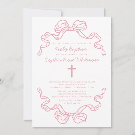 Preppy Modern Pink Gingham Bow Baptism Kaart (Voorkant)