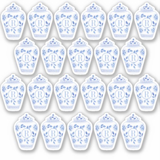 Preppy Monogram Blauw En Wit Ginger Pot Sticker (Voorkant)
