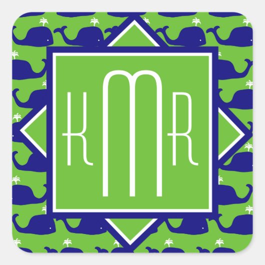 Preppy Monogram | Blauwe en groene walvissen Vierkante Sticker (Voorkant)