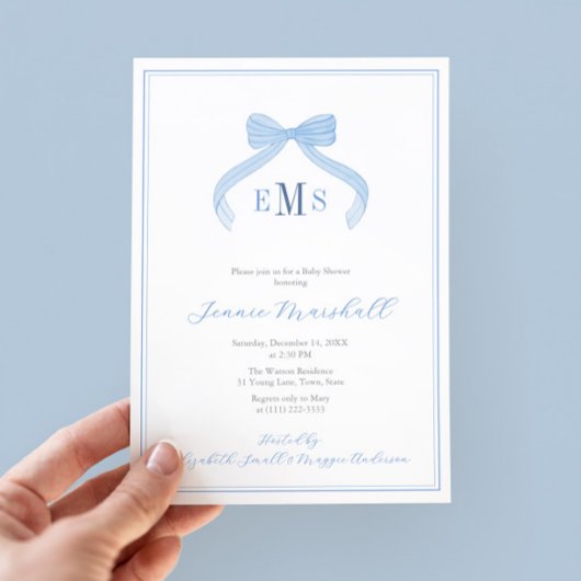 Preppy Monogram Blue Bow Boy Baby shower Party Kaart
