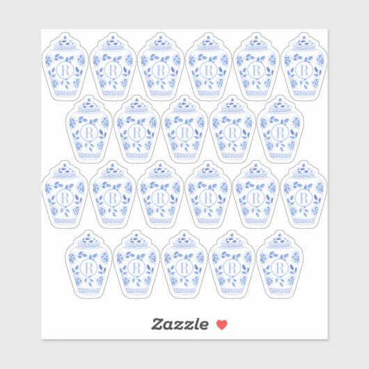 Preppy Monogram Blue en White Ginger Jar Sticker (Vel)
