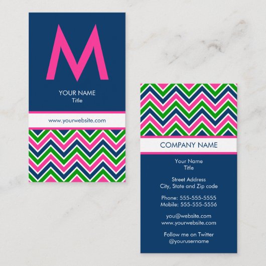 Preppy Monogram Chevron Visitekaartje - Roze/marin (Voorkant / Achterkant)