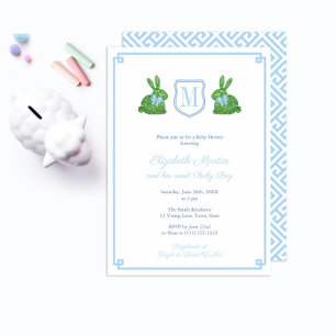 Preppy Monogram een Bunny Boy Baby shower party Kaart