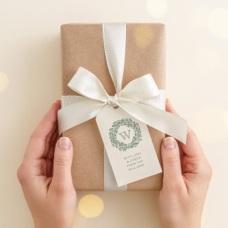 Preppy Monogram Gift Label met Sage Green Krans Cadeaulabel