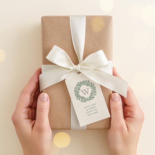 Preppy Monogram Gift Label met Sage Green Krans Cadeaulabel