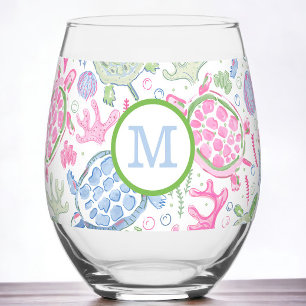 Preppy Monogram Roze Blau Zeeschildpadden  Wijnglas Zonder Voet