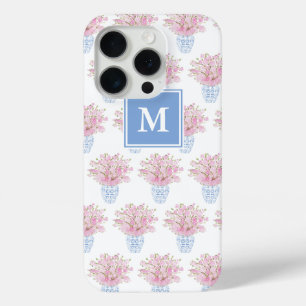 Preppy Monogram roze Florals Blue White Ginger Jar iPhone 15 Pro Case