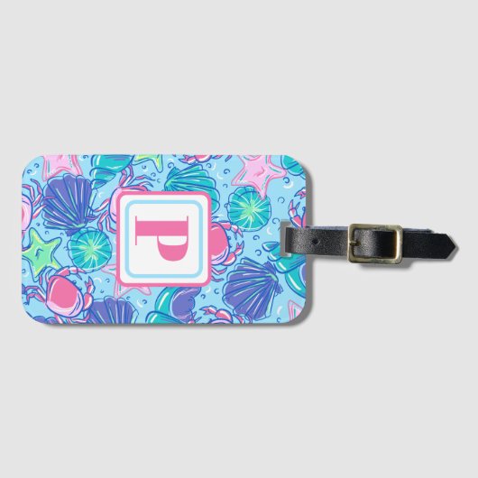 Preppy Monogram Strand Shell Krab Bagagelabel (Voorkant (horizontaal))