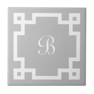 Preppy Monogram White Greek Key Border Grey Tegeltje