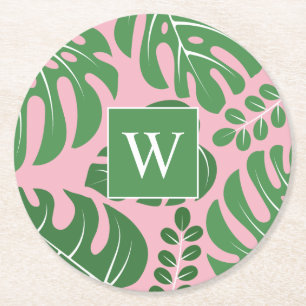 Preppy Monogrammed Monstera Palm Leaf Ronde Kartonnen Onderzetter