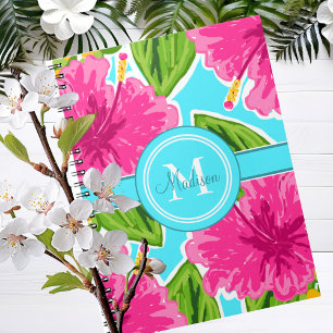 Preppy Naam/Initiaal Monogram Roze Hibiscus Notitieboek