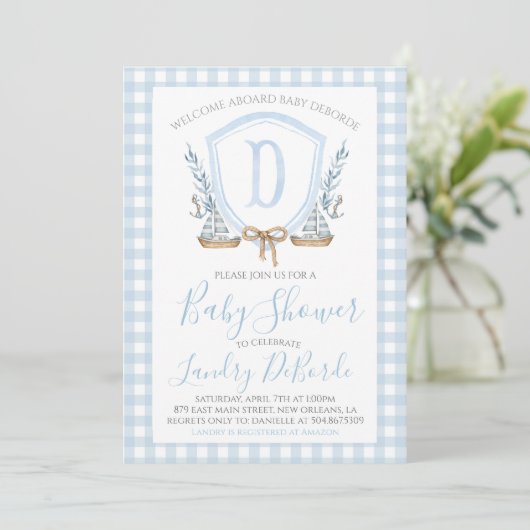 Preppy Nautical Blue Sailboat Boy Baby shower Kaart (Staand voorkant)