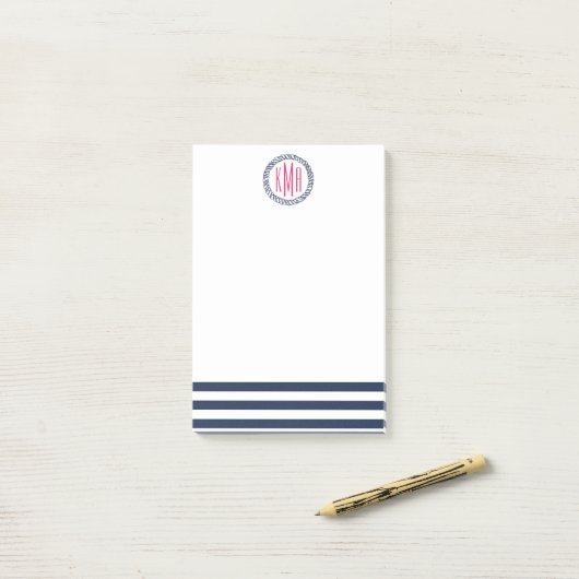 Preppy Nautical Navy Stripe & Roze Monogram Post-it® Notes (Op bureau)