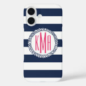 Preppy Nautical Navy & White Stripe Pink Monogram Case-Mate iPhone Case (Achterkant)