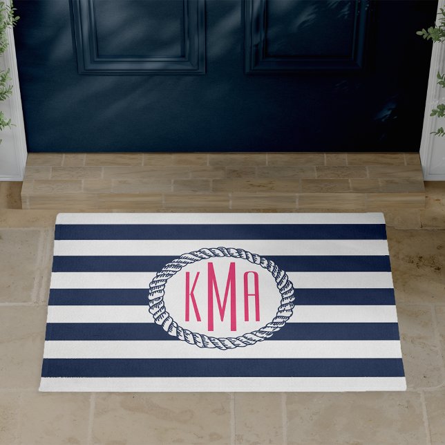 Preppy Nautical Navy & White Stripe Pink Monogram Deurmat (Creator heeft geüpload)