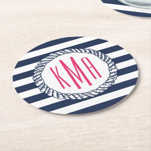 Preppy Nautical Navy & White Stripe Pink Monogram Ronde Kartonnen Onderzetter (Gebogen)