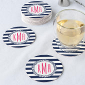 Preppy Nautical Navy & White Stripe Pink Monogram Ronde Kartonnen Onderzetter