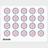 Preppy Nautical Navy & White Stripe Pink Monogram Ronde Sticker (Vel)