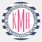 Preppy Nautical Navy & White Stripe Pink Monogram Ronde Sticker (Voorkant)