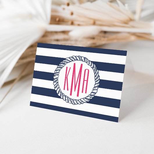 Preppy Nautical Navy & White Stripe Pink Monogramm