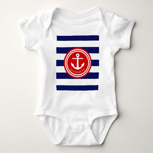 Preppy Nautical Stripe Anker Monogram op rood Romper (Voorkant)