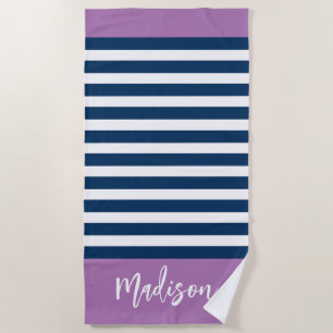 Preppy Nautical Stripe Navy Paars Calligraphy Strandlaken