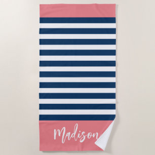 Preppy Nautical Stripe Navy Pink Calligraphy Strandlaken