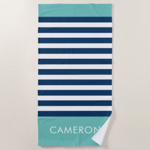 Preppy Nautical Stripe Navy Turquoise Name Strandlaken