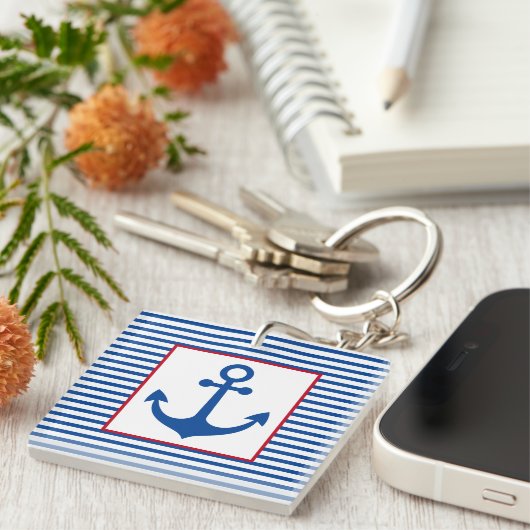 Preppy Nautical Stripes and Anchor Personalized Sleutelhanger (Voorkant Rechts)