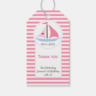 Preppy nautische roze zeil weg verjaardag dank u cadeaulabel