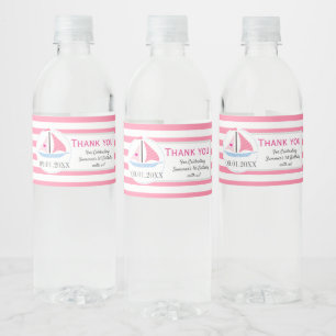 Preppy nautische roze zeil weg verjaardag dank u waterfles etiket