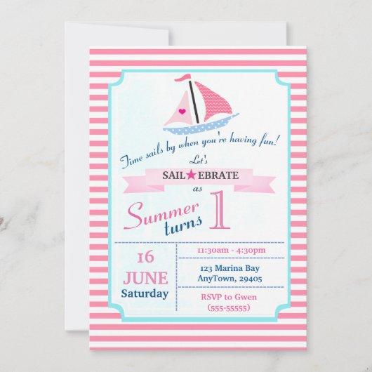 Preppy nautische roze zeil weg verjaardag voor mei kaart (Voorkant)