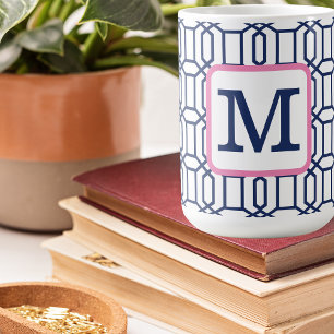 Preppy Navy Achthoekig Patroon Monogram Koffiemok
