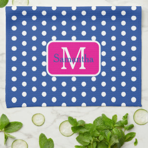 Preppy Navy Blauw en Wit Stippen Monogram Theedoek
